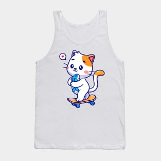 Cute Cat Holding Fish On Skateboard Cartoon Tank Top